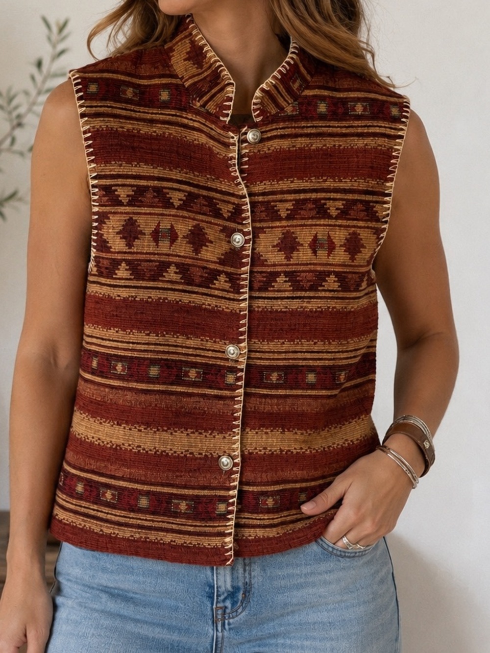 Deborah Murray Southwestern Tapestry Button Front Vest XS Made in Canada